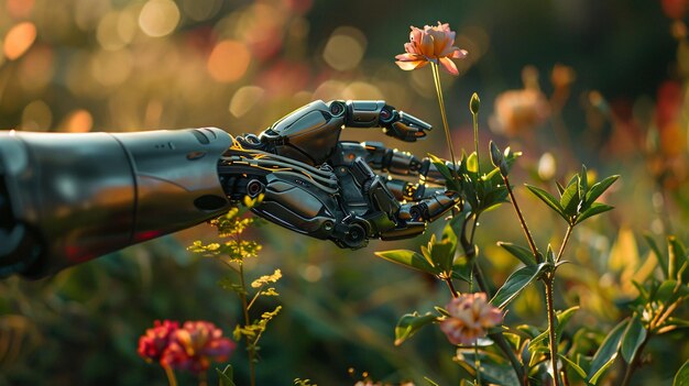 Metallic robot hand reaching flowers in garden