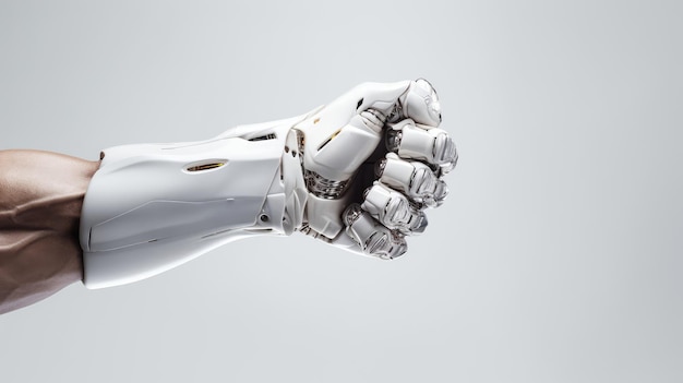 Metallic robotic fist in fist bump with human showcasing precision