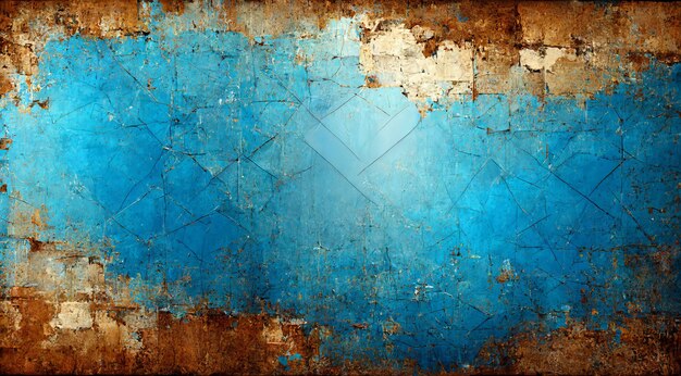 Metallic rusted tile with blue geometric ornament cracked paint