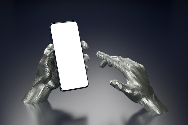 Metallic sculpture of two hands holding a mobile phone with a blank screen 3d illustration