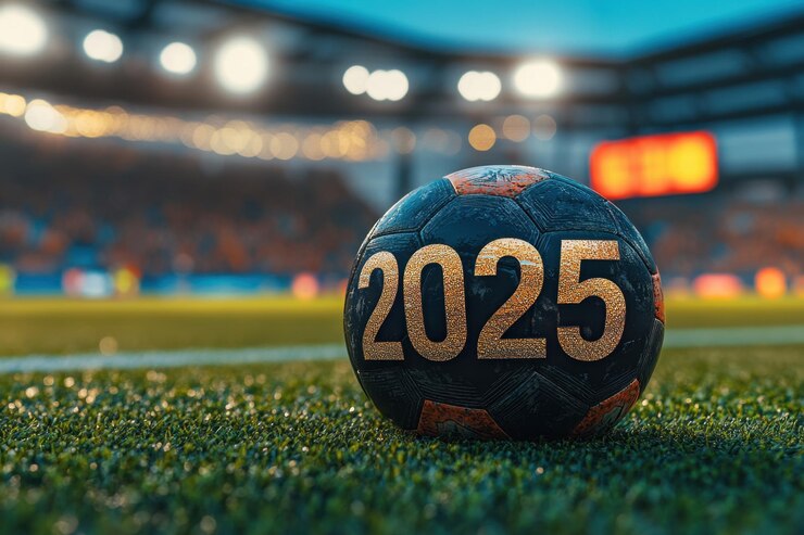 Metallic silver 2025 on soccer field with soccer ball stadium lights and cheering crowd in backg