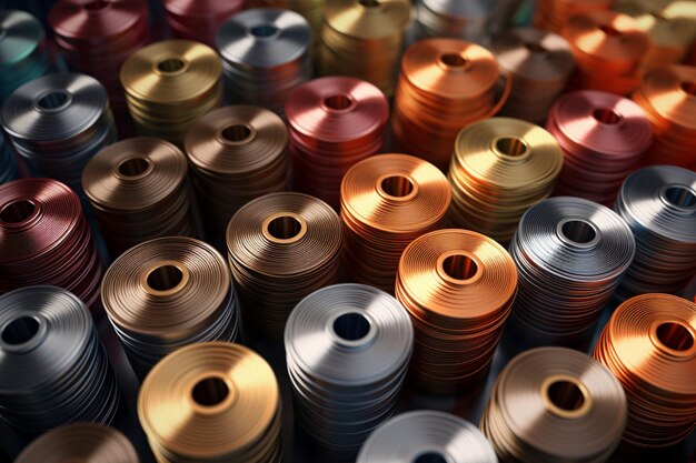 Metallic spools of thread stacked up high for efficient usage