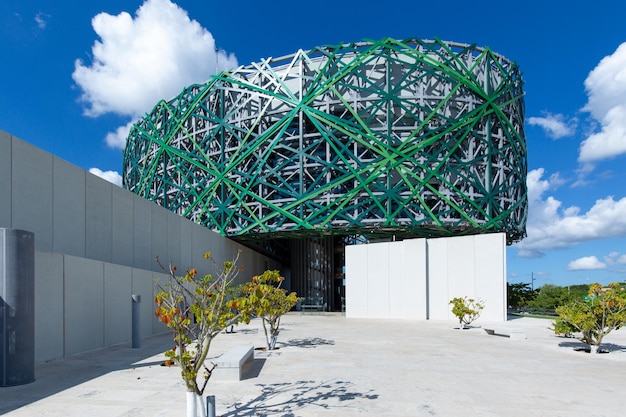 Metallic structure against blue sky on sunny day