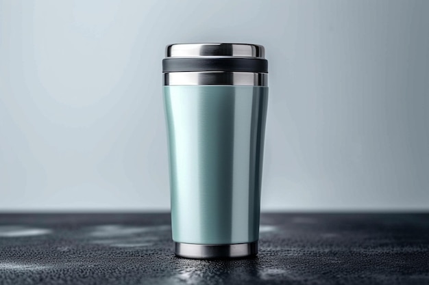 Photo metallic thermo cup with warm beverages stainless steel container concept