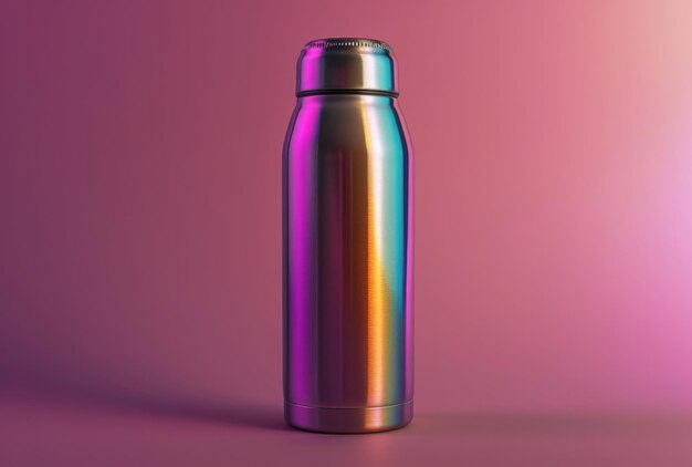 A metallic water bottle with a purple background