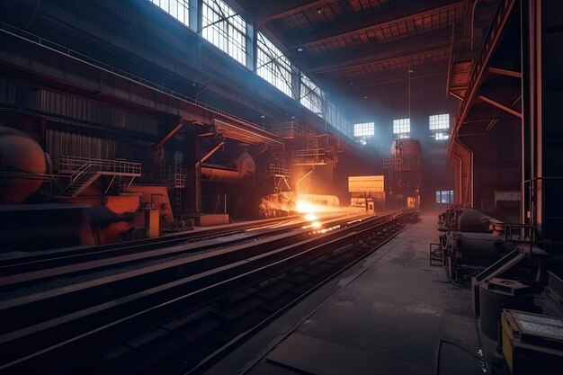 Metallurgical plant with conveyor belts and cranes moving raw material in the background