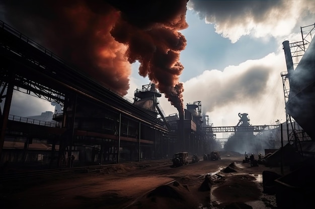 Metallurgical plant with smoke billowing from the chimneys and workers in protective gear