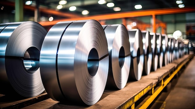 Metallurgical production Large rolls of shiny aluminum foil or steel Industrial storage of metal coils Selective focus