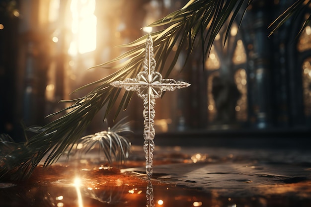 Фото Металлоконструкции священный крест, обернутый пальмовыми ветвями и украшенный крест вербного воскресенья. фото христианское искусство.