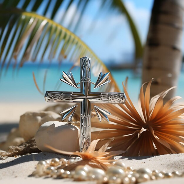 Фото Металлический священный крест, обернутый пальмовыми листьями и украшенный крестом