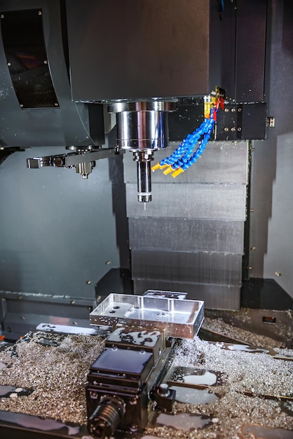金属加工CNCフライス盤。切削金属の最新の加工技術。被写界深度が浅い。警告-困難な状況での本物の射撃。少し粒子があり、ぼやけている可能性があります。