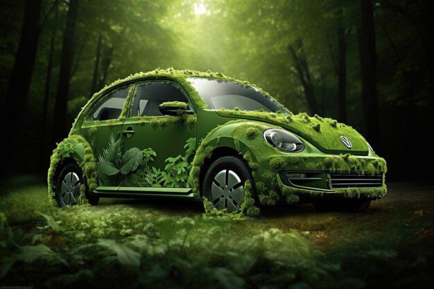 The metaphor of the green eco friendly car ECO Revolution futuristic eco Car in city