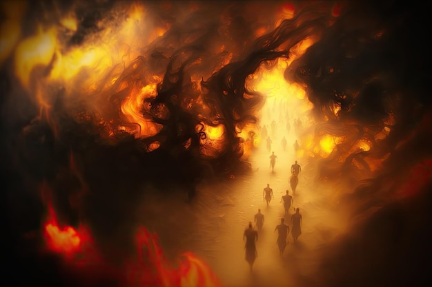 The metaphor of a hell inferno as souls descend into the afterlife in a blur of flame and smoke