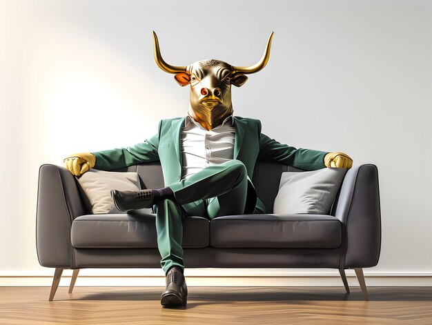 Metaphore of businessman with bull head Bullish trend of stock market concept