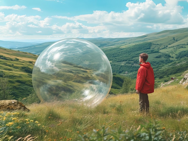 Metaphorical image of person staying inside of his personal bubble