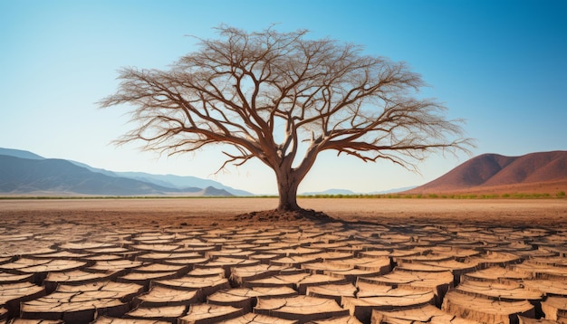 Metaphorical representation of drought and climate change lifeless trees on cracked earth