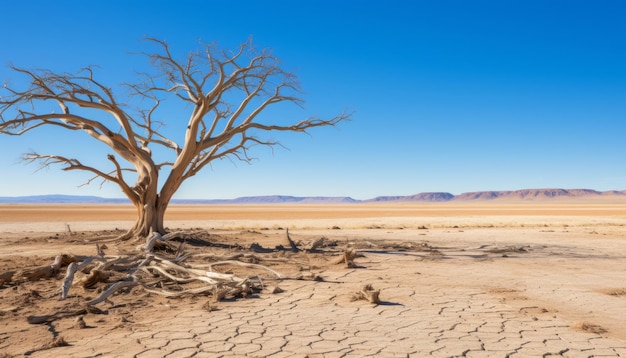 Photo metaphorical representation of drought and climate change lifeless trees on parched cracked earth