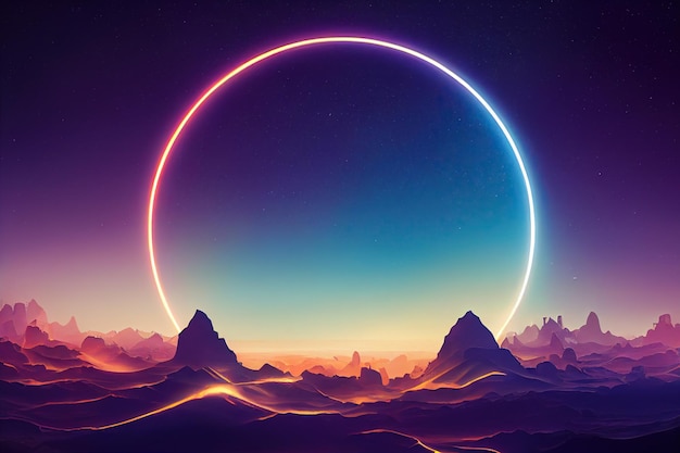 Metaversal vivid pyramids in a desert landscape with glowing neon moon in the sky