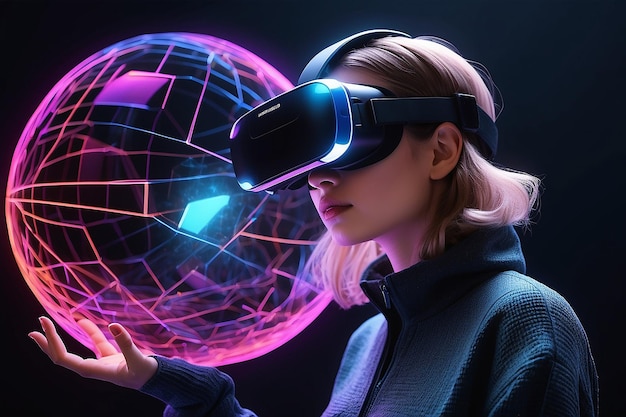 Метаверс и 3D-симуляция Портрет молодой женщины в VR-очках создает сетчатую сферу