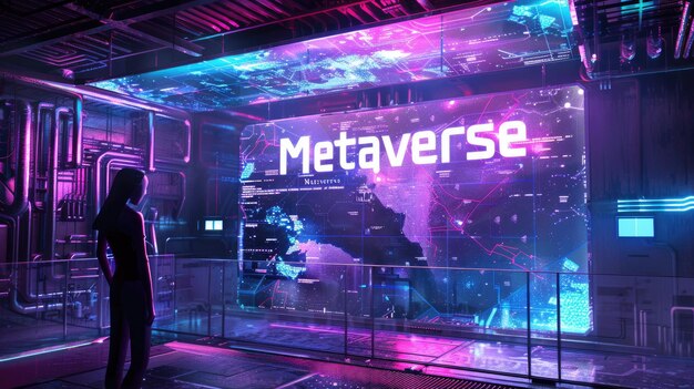 Metaverse abstract background dark room in futuristic digital space inside cyber virtual reality Concept of technology future tech data universe