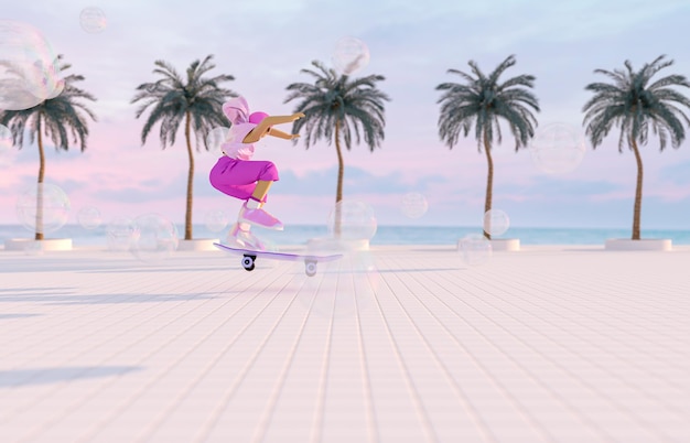 Metaverse avatar meisje skateboarden in de virtuele scène met uitzicht op het zomerstrand Toekomstige sportgame