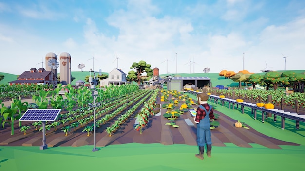 Metaverse avatars of people learning to increase agricultural productivity in smart farm of virtual world 3d render