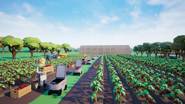 Metaverse avatars of people learning to increase agricultural productivity in smart farm of virtual world 3d render