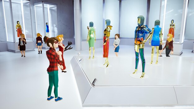 Foto metaverse avatar di persone che acquistano nel negozio di abbigliamento digitale rendering 3d