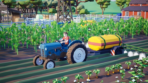 Metaverse avatars van mensen die leren de landbouwproductiviteit te verhogen in slimme boerderij van virtuele wereld 3D renderen