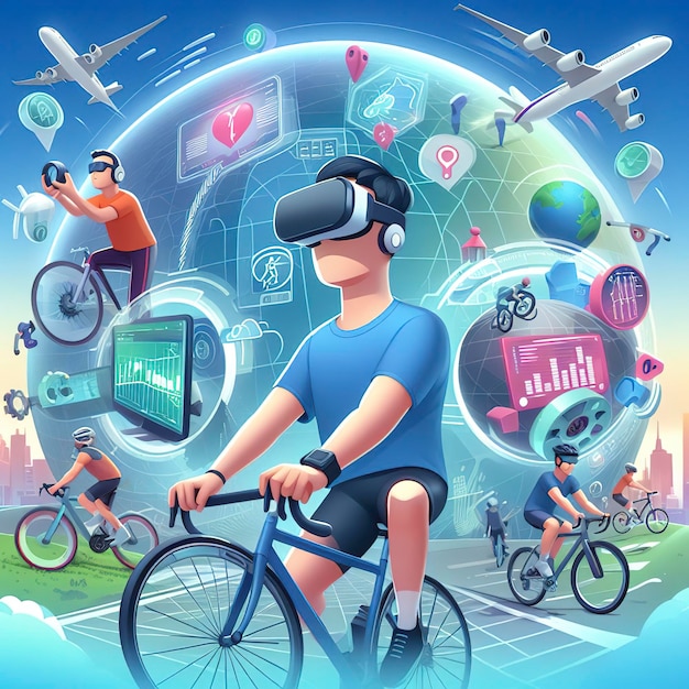 Metaverse Avatars VR Goggles Oefening Fietsen Fietsen Metaverse 3D Illustraties