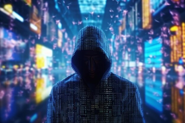 The metaverse blurs behind a hacker embodying cyber hacking concept