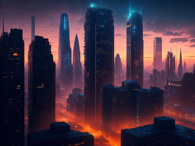 Metaverse city buildings view with cyberpunk colors