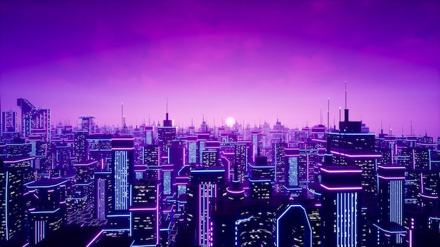 Foto rendering 3d del concetto di città e cyberpunk metaverse