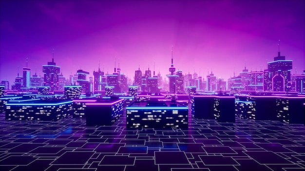 메타버스 도시 또는 사이버 펑크 개념 3d 렌더링