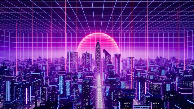 Foto rendering 3d del concetto di città e cyberpunk metaverse