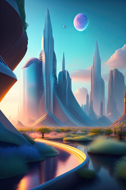 Metaverse city futuristic landscape World of future another planet 3d render