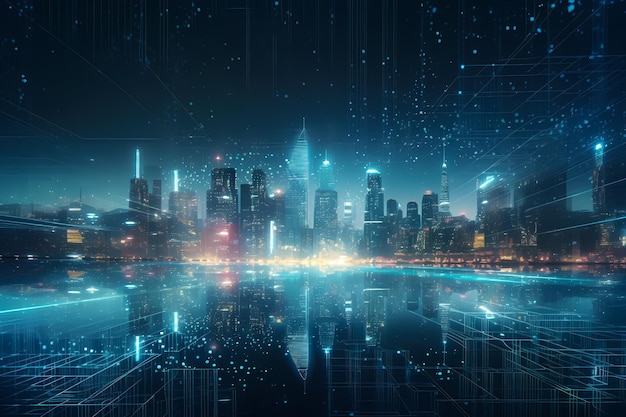Metaverse City futuristische cybergegevenshub met geavanceerde technologie