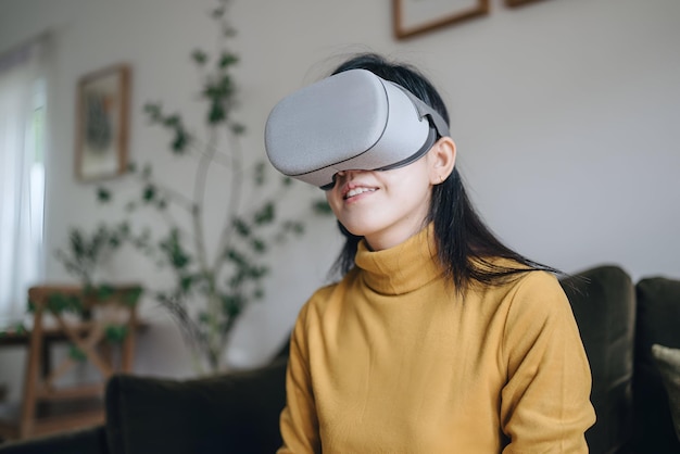 metaverse concept young woman in virtual reality headset or vr glasses