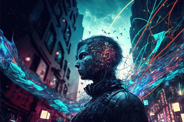 Metaverse cyber city fictional man in futuristic virtual\
reality generative ai