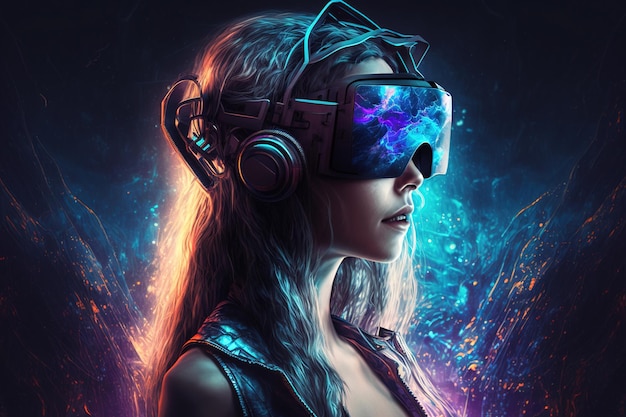 Metaverse and cyber World concept girl uses futuristic VR headset generative AI