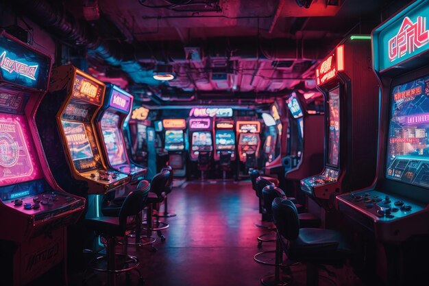 Metaverse cyberpunk arcade interior neonlit gaming hub