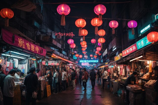 Metaverse Cyberpunk Night Market Interior Neon Lit Bazaar