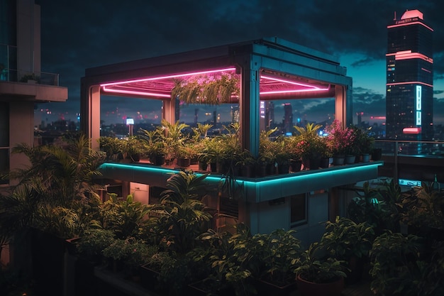 Metaverse Cyberpunk Rooftop Garden Futuristic Oasis