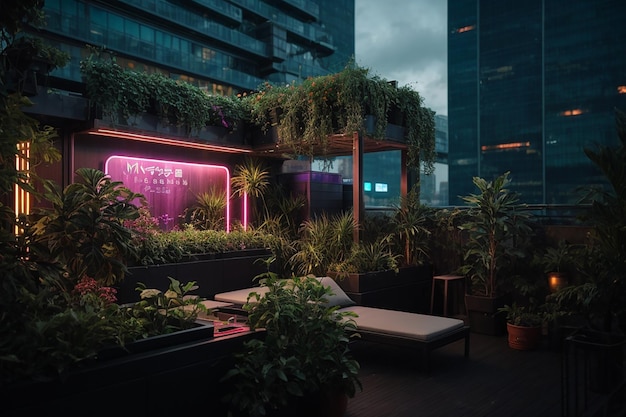 Metaverse Cyberpunk Rooftop Garden Futuristische oase