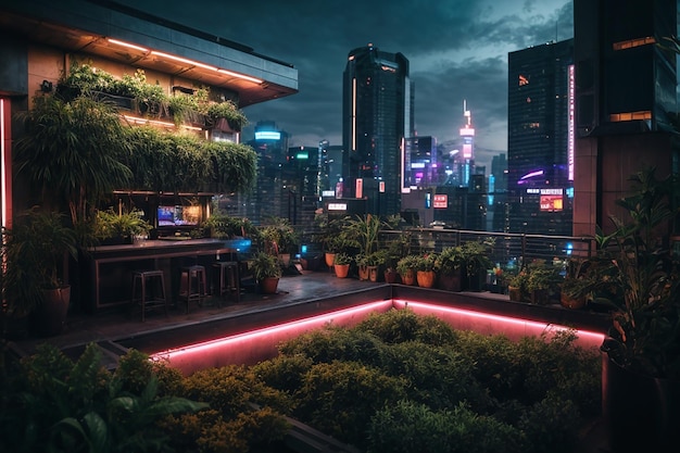 Metaverse Cyberpunk Rooftop Garden Futuristische oase