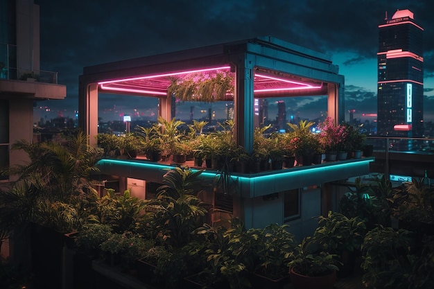 Metaverse Cyberpunk Rooftop Garden Futuristische oase