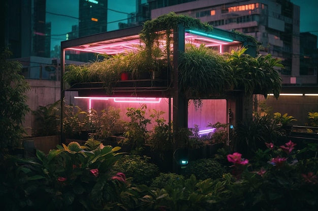 Metaverse Cyberpunk Rooftop Garden Interieur Futuristische oase