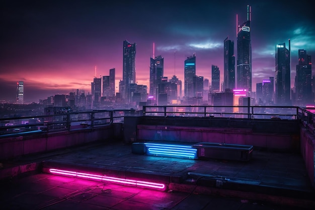 Metaverse Cyberpunk Rooftop Nighttime Neon Cityscape