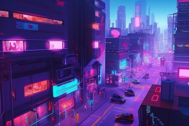 Metaverse Cyberpunk-stijl stad met robots die op straat lopen Neonverlichting op de buitenkant van gebouwen Vliegen