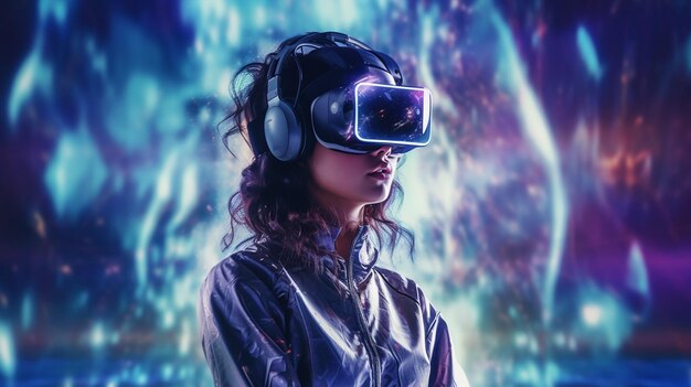 Metaverse digital cyber world technology man with virtual reality VR goggle AI wallpaper future ab